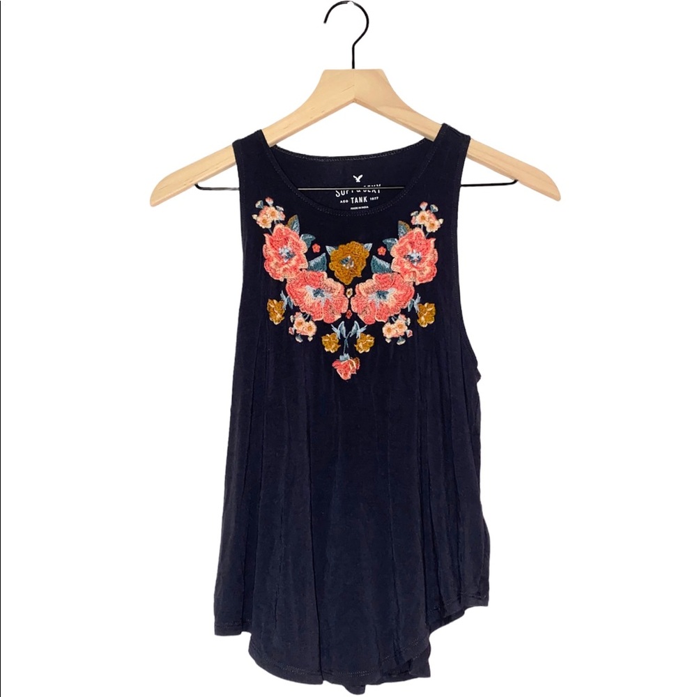 American Eagle Embroidered Flower Tank Top Dark Blue Size S